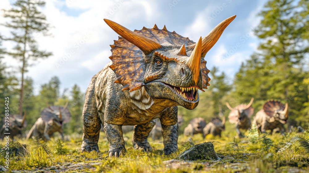 Majestic herd of Triceratops, horned dinosaur, roaming in lush forest. Their impressive features and vibrant colors create stunning prehistoric scene Majestic herd of Triceratops, horned dinosaur, roaming in lush forest. Their impressive features and vibrant colors create stunning prehistoric scene