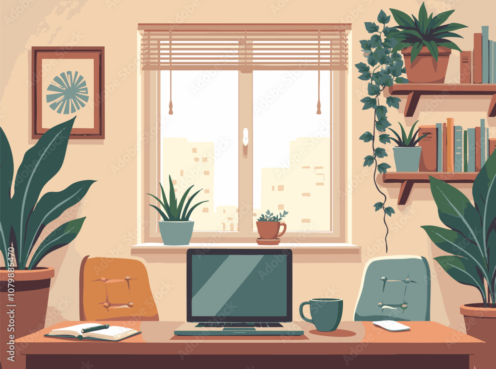 Cozy home office vector illustration with a laptop, coffee mug, indoor plants, and comfortable decor. Cozy home office vector illustration with a laptop, coffee mug, indoor plants, and comfortable decor.