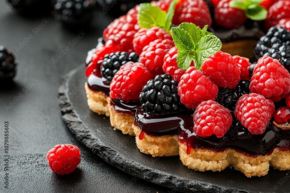 A visually stunning and indulgent fruit tart featuring a delectable mix of fresh, vibrant berries and decadent dark chocolate on a crisp, golden pastry shell. A visually stunning and indulgent fruit tart featuring a delectable mix of fresh, vibrant berries and decadent dark chocolate on a crisp, golden pastry shell.