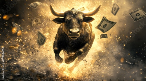 Bull charging through money explosion financial market digital art dramatic environment close-up view wealth concept