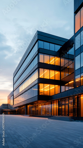 Modern office building illuminated by sunset in an urban area showcasing sleek architecture and reflective glass windows