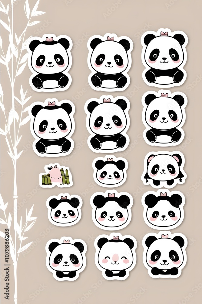 Obraz premium Adorable Panda Stickers Collection: Cute Cartoon Animal Illustration with Pink Bow for Decoration, Scrapbooking, and Gift Wrapping