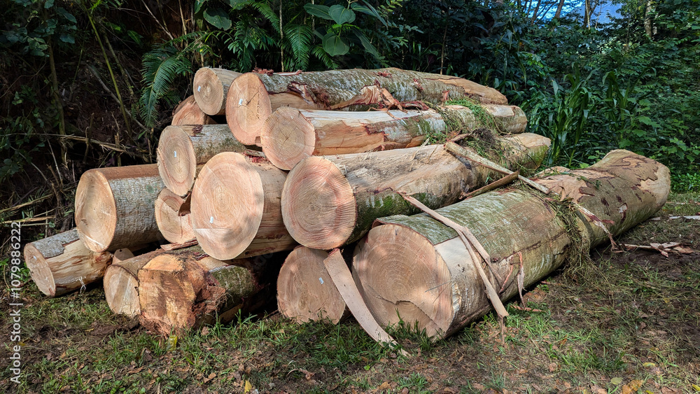 A pile of tree trunks lumber wood logs cut down in forest of French Polynesia, South Pacific A pile of tree trunks lumber wood logs cut down in forest of French Polynesia, South Pacific