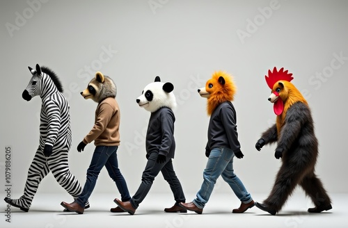 Group of people wearing animal costumes walking in a line photo