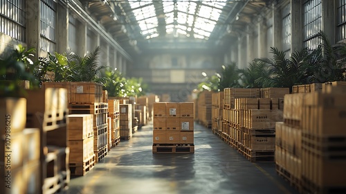 Warehouse Interior with Pallets of Cardboard Boxes and Plants