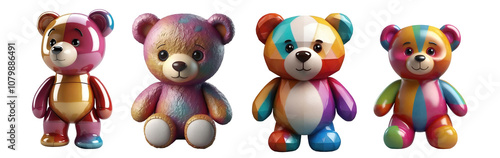 Set of colourful adorable teddy bears toys collection isolated on transparent background, 3d illustration. Generative AI