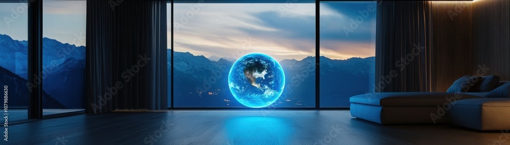 Fototapeta premium Floating earth globe modern living room digital art mountain view cinematic angle futuristic concept