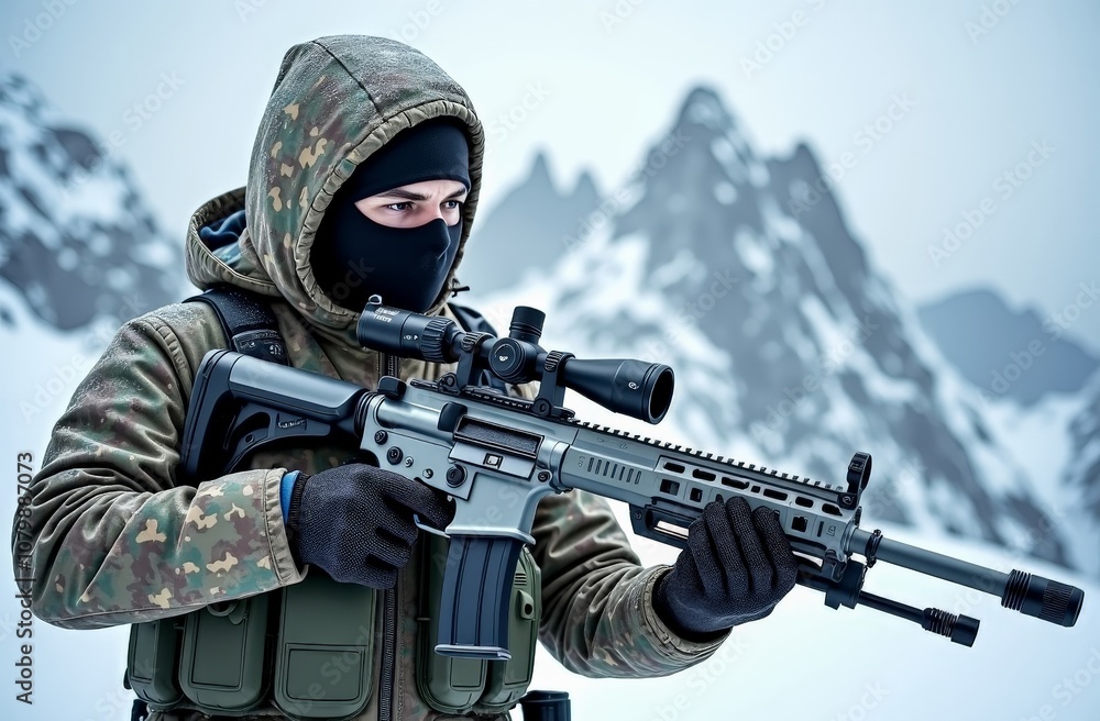 Fototapeta premium Soldier aiming with rifle in snowy mountains