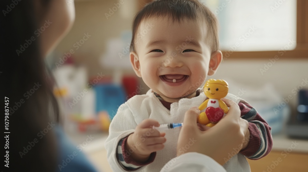 Smiling baby holding a small toy during the vaccination. Smiling baby holding a small toy during the vaccination.