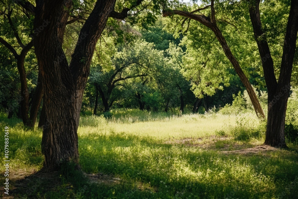 A sunlit clearing in a lush forest with two large trees framing the view. A sunlit clearing in a lush forest with two large trees framing the view.