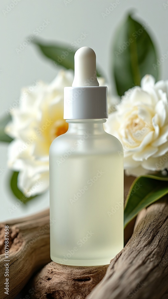 Minimalist Mockup of Frosted Glass Dropper Bottle with Natural Flowers and Wood Minimalist Mockup of Frosted Glass Dropper Bottle with Natural Flowers and Wood
