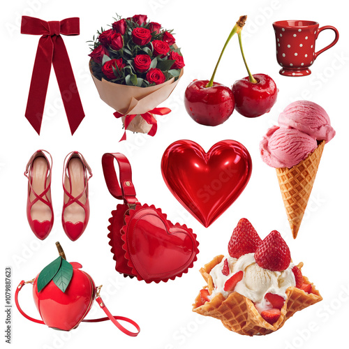 A collage of various red-themed objects. There is a red bow, a bouquet of red roses, two red cherries, a red polka-dot teacup, a pair of red high-heeled shoes, a red heart-shaped purse.