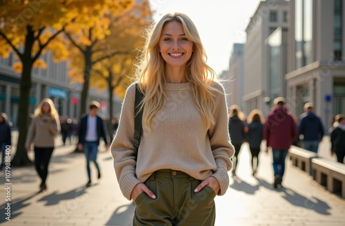 Smiling woman walking on a sunny autumn day in the city