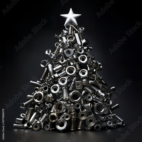 A Unique Metal Christmas Tree Made of Nuts and Bolts