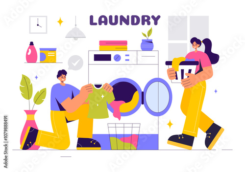 Vector Illustration of a Laundry Room with Washing and Drying Machines, a Basket Filled with Dirty Clothes in a Flat Style Cartoon Background