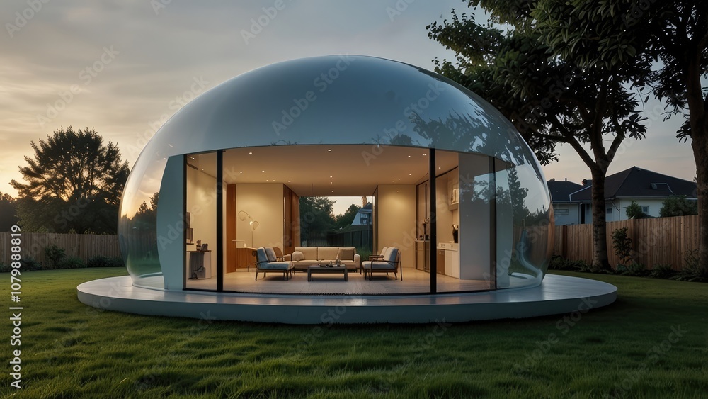 A modern house nestled inside a transparent bubble, its sleek lines and minimalist design a testament to the protection and security it offers. The bubble floats effortlessly against a clear outdoor b A modern house nestled inside a transparent bubble, its sleek lines and minimalist design a testament to the protection and security it offers. The bubble floats effortlessly against a clear outdoor b