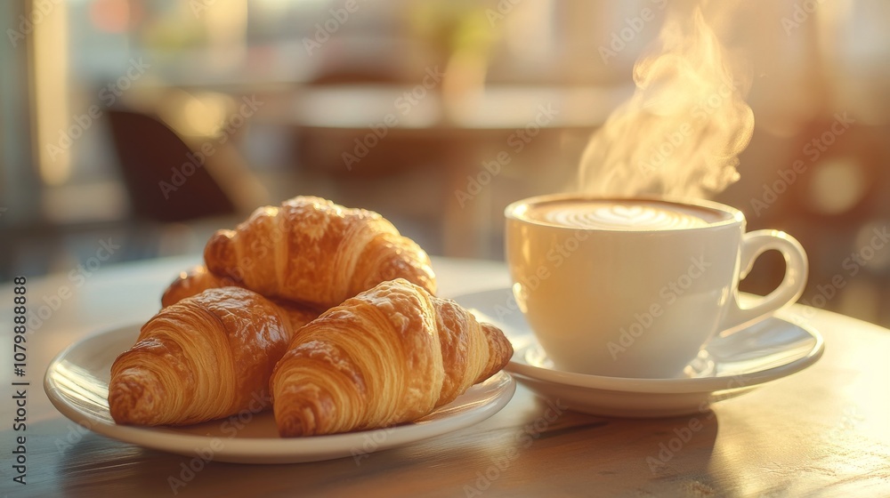 82.A close-up view of a bunch of buttery croissants arranged next to a steaming cup of coffee. The warm, golden tones of the croissants contrast with the rich, dark coffee, all set against a cafe 82.A close-up view of a bunch of buttery croissants arranged next to a steaming cup of coffee. The warm, golden tones of the croissants contrast with the rich, dark coffee, all set against a cafe