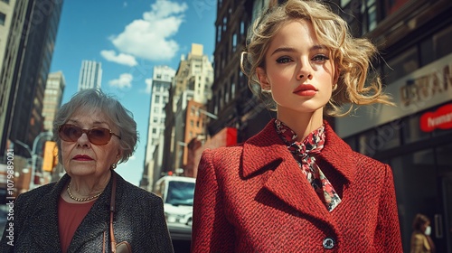 an model wearing a fashion outfit runway, walking on a New York street. Next to her is another older lady dressed normally.  photo