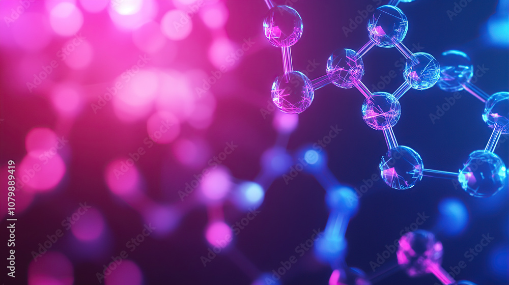 Abstract futuristic background with a glowing 3D model of a molecular structure in shades of dark blue and pink