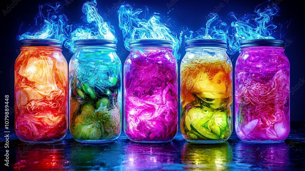 Vibrant Jars of Fermented Vegetables with Colorful Smoke, Displaying a Rainbow of Healthy Probiotic Foods Against a Dark Background