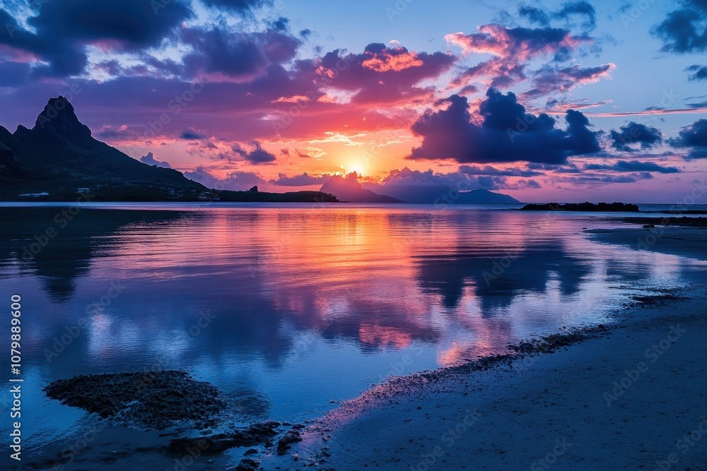 A vibrant sunset over a calm tropical lagoon, reflecting the fiery colors in the water. A vibrant sunset over a calm tropical lagoon, reflecting the fiery colors in the water.
