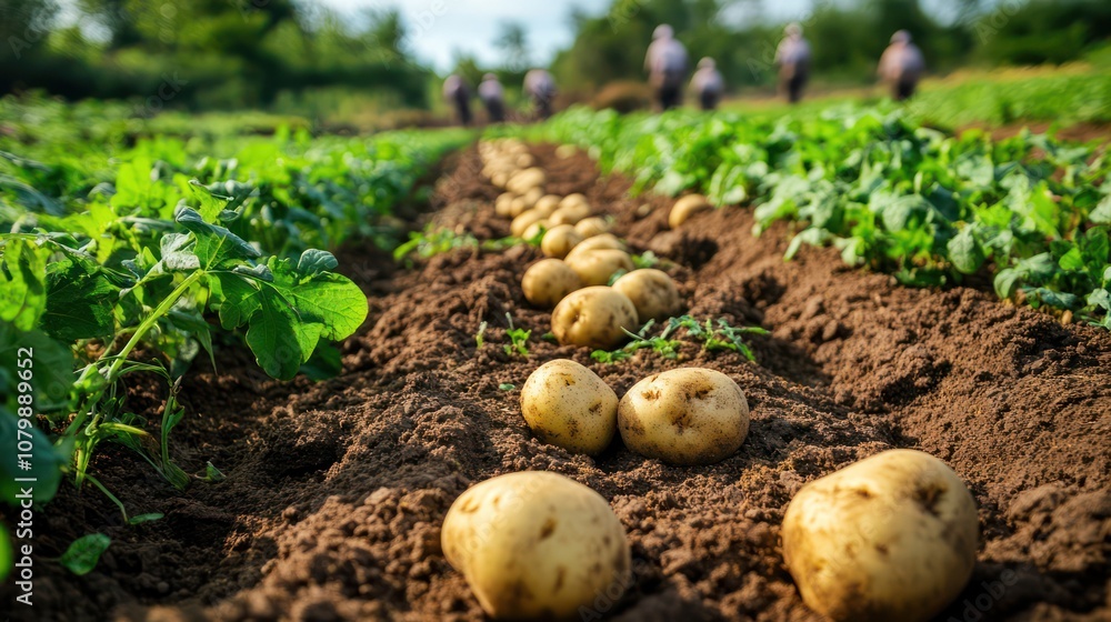 Potato farming in Ireland, organized rows with workers picking fresh potatoes, green and vibrant setup. Potato farming in Ireland, organized rows with workers picking fresh potatoes, green and vibrant setup.