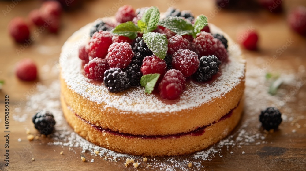 33.A close-up shot of a fluffy sponge cake topped with an array of ripe berries and sprigs of fresh mint. The cake is placed on a wooden table, with crumbs and mint leaves scattered around for a 33.A close-up shot of a fluffy sponge cake topped with an array of ripe berries and sprigs of fresh mint. The cake is placed on a wooden table, with crumbs and mint leaves scattered around for a