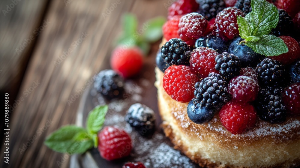 33.A close-up shot of a fluffy sponge cake topped with an array of ripe berries and sprigs of fresh mint. The cake is placed on a wooden table, with crumbs and mint leaves scattered around for a 33.A close-up shot of a fluffy sponge cake topped with an array of ripe berries and sprigs of fresh mint. The cake is placed on a wooden table, with crumbs and mint leaves scattered around for a