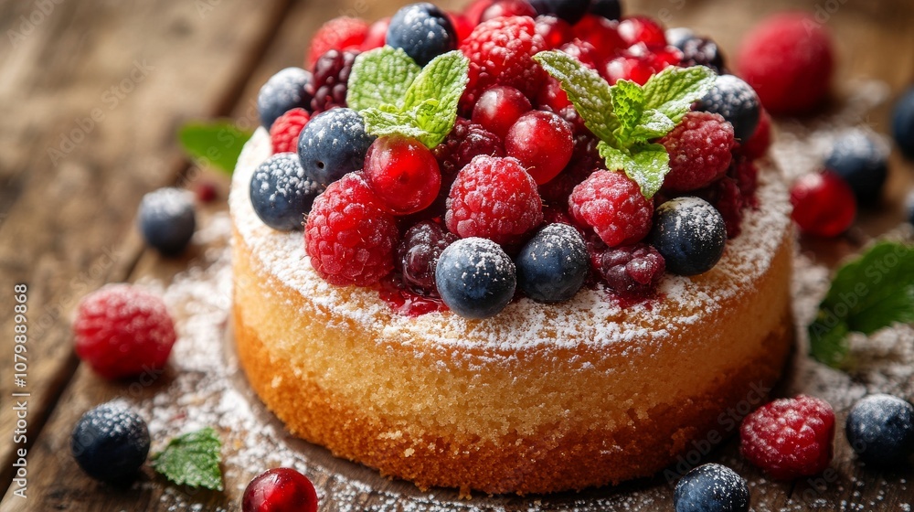 33.A close-up shot of a fluffy sponge cake topped with an array of ripe berries and sprigs of fresh mint. The cake is placed on a wooden table, with crumbs and mint leaves scattered around for a 33.A close-up shot of a fluffy sponge cake topped with an array of ripe berries and sprigs of fresh mint. The cake is placed on a wooden table, with crumbs and mint leaves scattered around for a