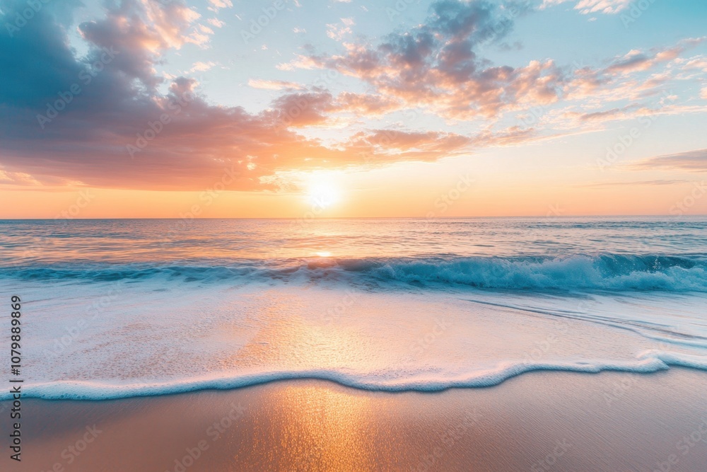 Obraz premium A vibrant sunset paints the sky over a calm ocean.