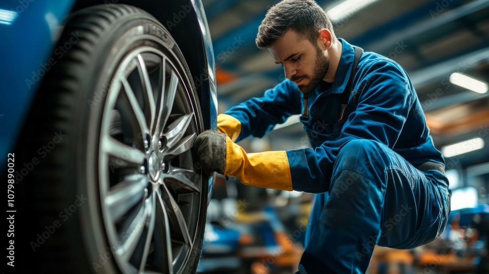 Dedicated Mechanic Working on a Car Tire Dedicated Mechanic Working on a Car Tire