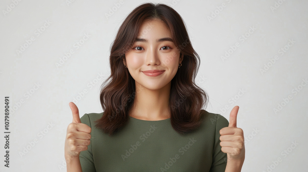 Confident woman giving thumbs up, showcasing positivity and enthusiasm. Her warm smile and friendly demeanor create inviting atmosphere Confident woman giving thumbs up, showcasing positivity and enthusiasm. Her warm smile and friendly demeanor create inviting atmosphere