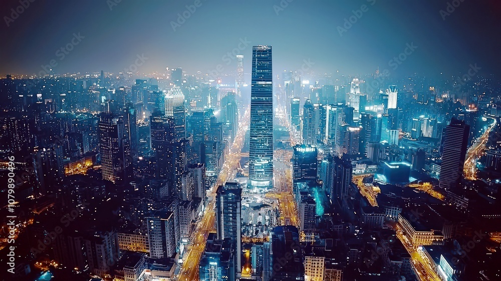 Obraz premium Nighttime Cityscape View of Urban Skyline with Skyscrapers and Busy Streets Illuminated by Bright Lights in a Modern Metropolis
