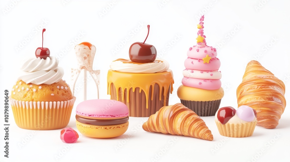 7.A mouthwatering 3D vector illustration of a sweet dessert collection. It features a beautifully designed cake with intricate frosting, caramel drizzling from a soft dessert, a macaron in pastel 7.A mouthwatering 3D vector illustration of a sweet dessert collection. It features a beautifully designed cake with intricate frosting, caramel drizzling from a soft dessert, a macaron in pastel