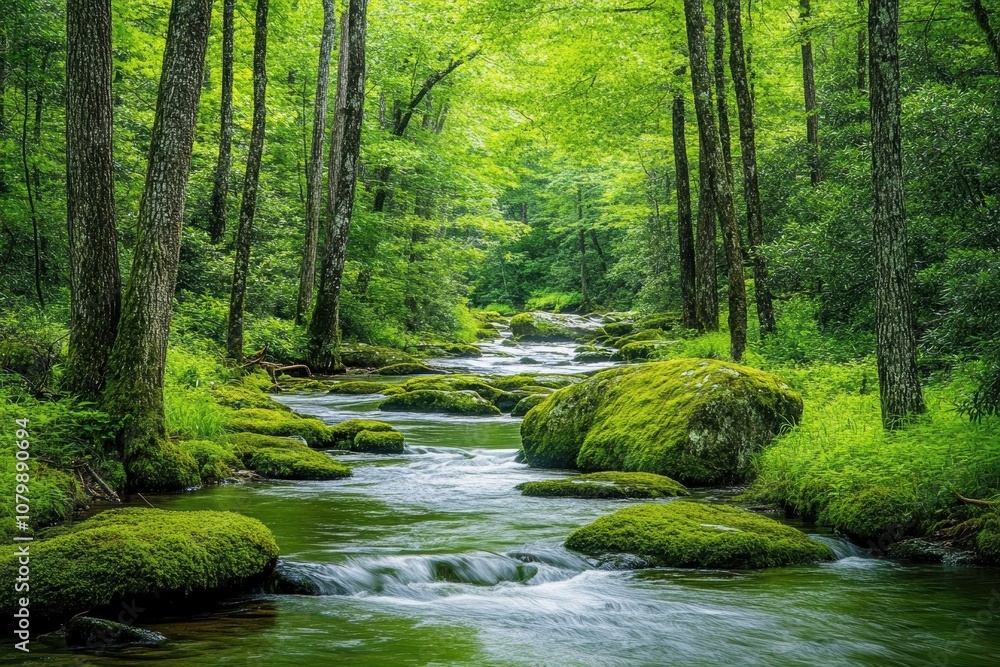 A peaceful forest river flowing through moss-covered rocks A peaceful forest river flowing through moss-covered rocks