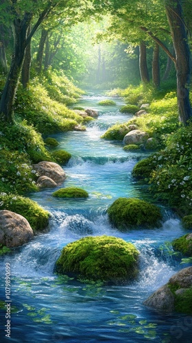 A peaceful forest river flowing through moss-covered rocks