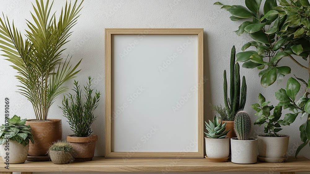 Stylish Minimalist Display: Blank Frame on Empty Table Surrounded by Lush Greenery, Potted Plants, and Wooden Shelves for a Cozy, Nature-Inspired Interior Design Stylish Minimalist Display: Blank Frame on Empty Table Surrounded by Lush Greenery, Potted Plants, and Wooden Shelves for a Cozy, Nature-Inspired Interior Design