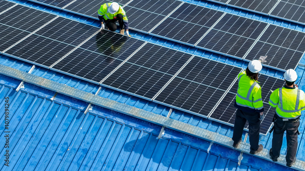 Worker Technicians are working to construct solar panels system on roof. Installing solar photovoltaic panel system. Men technicians walking on roof structure to check photovoltaic solar modules. Worker Technicians are working to construct solar panels system on roof. Installing solar photovoltaic panel system. Men technicians walking on roof structure to check photovoltaic solar modules.
