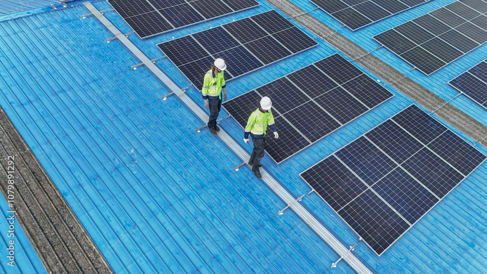 Worker Technicians are working to construct solar panels system on roof. Installing solar photovoltaic panel system. Men technicians walking on roof structure to check photovoltaic solar modules. Worker Technicians are working to construct solar panels system on roof. Installing solar photovoltaic panel system. Men technicians walking on roof structure to check photovoltaic solar modules.