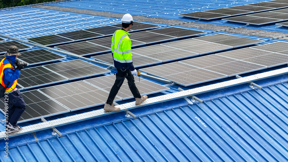 custom made wallpaper toronto digitalWorker Technicians are working to construct solar panels system on roof. Installing solar photovoltaic panel system. Men technicians walking on roof structure to check photovoltaic solar modules.