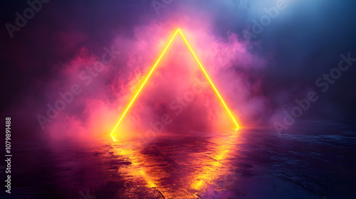 Vibrant neon light triangles on a dark background glowing and spreading light. 