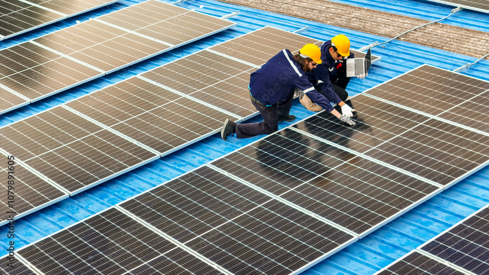 Photovoltaic engineers work on roof top warehouse. workers Inspect and repair the solar panel equipment roof structural. Engineer working set up electrical renewable energy for sustainability. Photovoltaic engineers work on roof top warehouse. workers Inspect and repair the solar panel equipment roof structural. Engineer working set up electrical renewable energy for sustainability.
