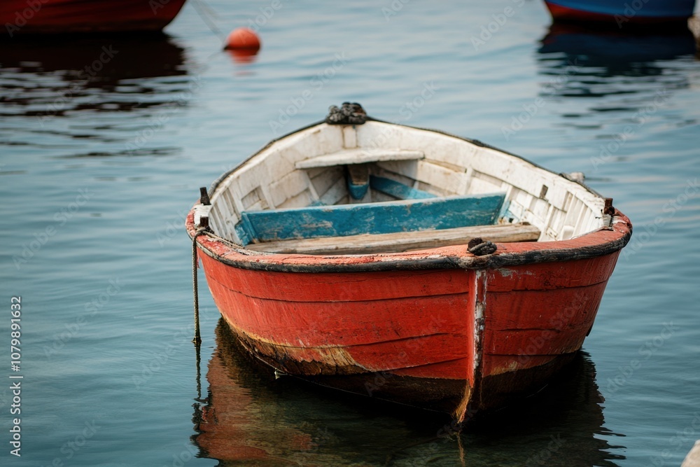 A weathered red rowboat floats in calm waters. A weathered red rowboat floats in calm waters.