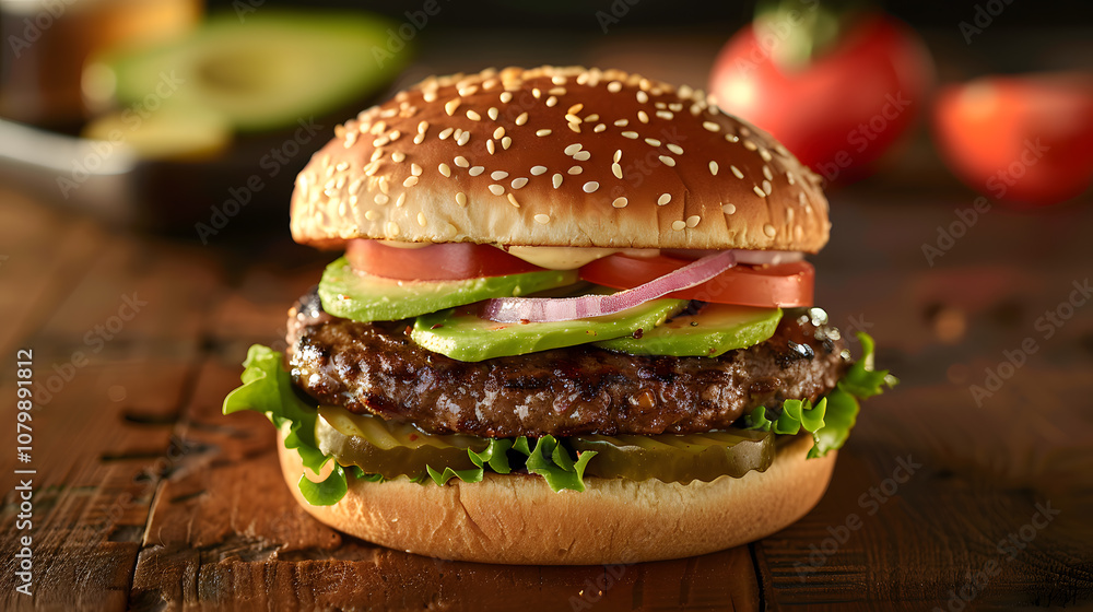 Delicious avocado burger with golden sesame seed bun in cozy diner setting Delicious avocado burger with golden sesame seed bun in cozy diner setting