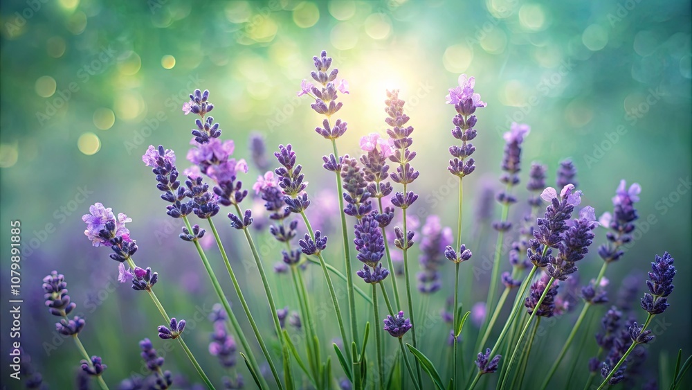 Naklejka premium Aromatic Lavender Blossoms Bathed in Soft Sunlight, Delicate Petals Glowing with a Gentle Warmth, Creating a Tranquil and Serene Atmosphere
