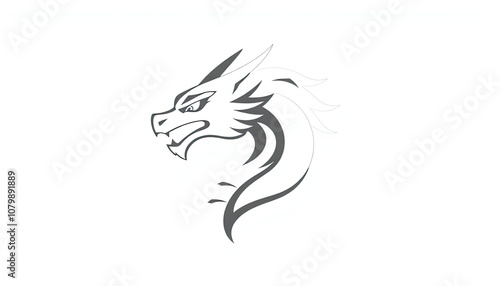 dragon head in profile view, rendered in a simple black and white design. design is minimalist. Dragons are often associated with power, strength, and mythology. striking and memorable.