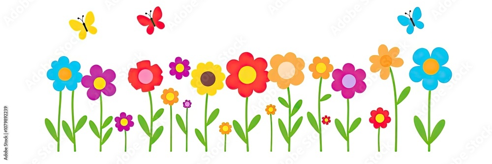 cheerful and vibrant illustration of a row of stylized flowers or tulips isolated on white background. a variety of colorful flowers in full bloom. flowers are supported by long, cheerful and vibrant illustration of a row of stylized flowers or tulips isolated on white background. a variety of colorful flowers in full bloom. flowers are supported by long,