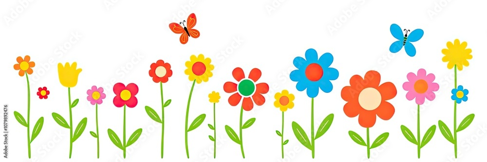 cheerful and vibrant illustration of a row of stylized flowers or tulips isolated on white background. a variety of colorful flowers in full bloom. flowers are supported by long, cheerful and vibrant illustration of a row of stylized flowers or tulips isolated on white background. a variety of colorful flowers in full bloom. flowers are supported by long,