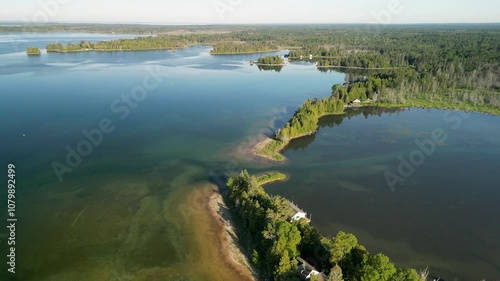 Aerial view of small bay and islands off lake huron coast