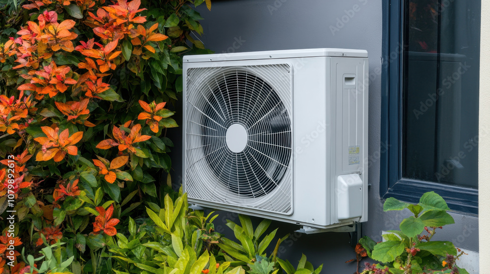 Efficient mini split air conditioning unit mounted on wall, surrounded by vibrant green and orange foliage, providing comfort in beautiful outdoor setting Efficient mini split air conditioning unit mounted on wall, surrounded by vibrant green and orange foliage, providing comfort in beautiful outdoor setting